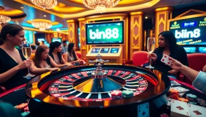 Players experience the thrill of gaming at Bin88 casino with a roulette wheel and vibrant chips.