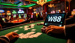 Place your bets with the link to W88 at this lively casino featuring poker tables and slot machines.