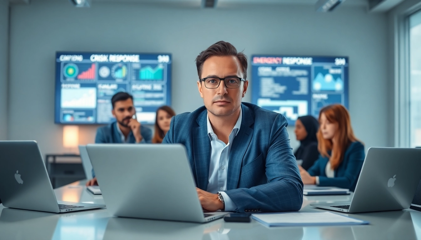 Crisis management consultant leading a team in a strategic emergency response meeting.