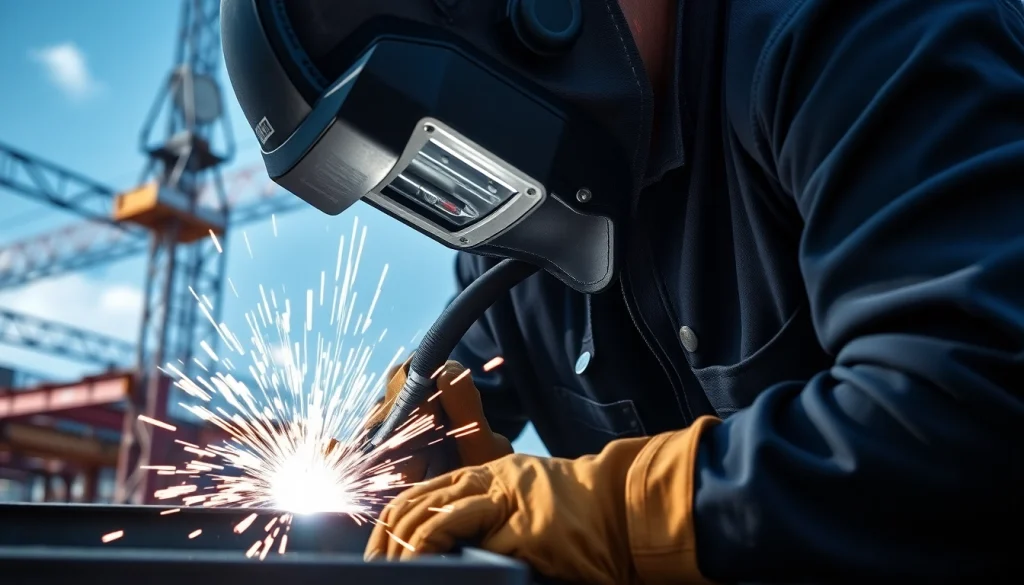 Welder performing structural steel welding with sparks flying, emphasizing craftsmanship and safety.