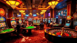 Engaging gambling scene highlighting bongdalu 5 with vibrant tables, slot machines, and casino excitement.