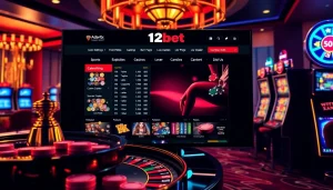 Engaging 12bet online gambling interface with poker chips, roulette wheel, and slot machines.