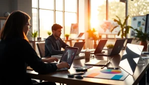 dịch vụ thiết kế website featuring a modern web design office with creative professionals collaborating.