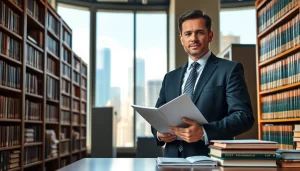 Focused environmental lawyer reviewing documents in an urban office setting, emphasizing professionalism.