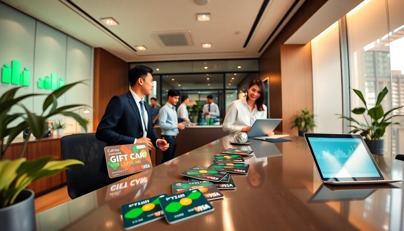 혁신적인 결제 솔루션을 보여주며 상품권카드가 눈에 띄게 배치된 사무실의 현장 모습.