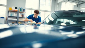 Car detailing near me with a technician expertly waxing a car in a bright garage.