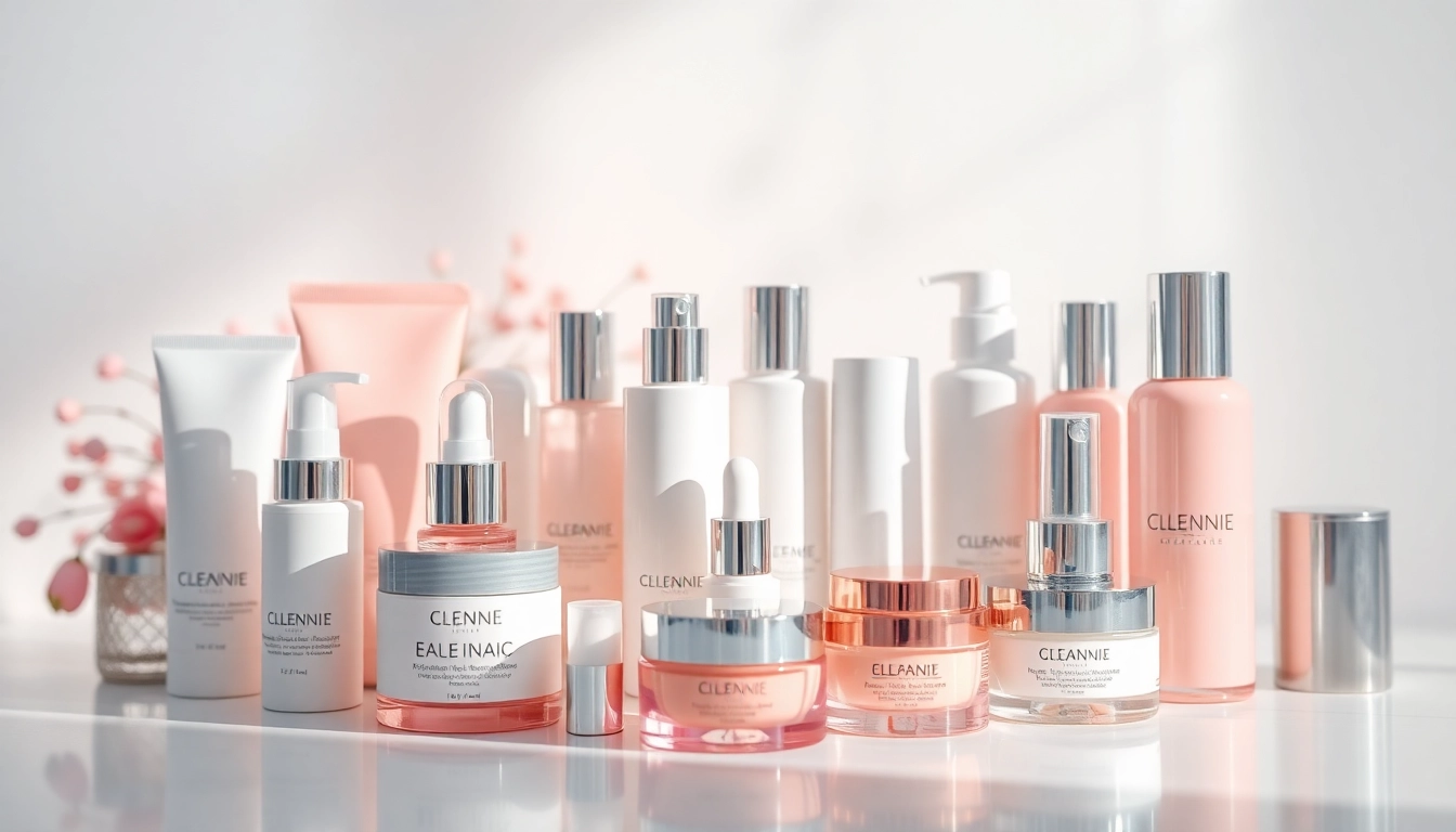 Kosmetika produktų asortimentas su elegantiškais paketo dizainais.