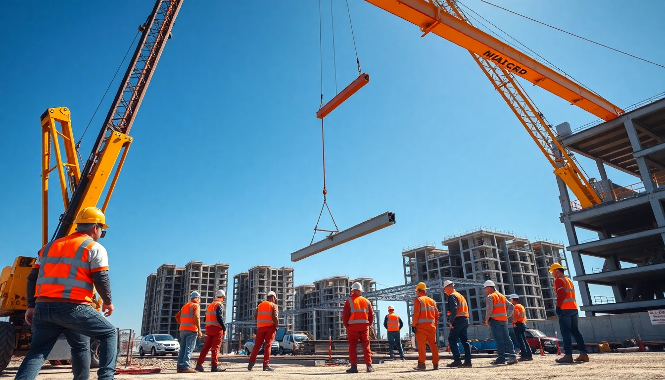 Workers engaged in structural steel installation at a construction site, lifting steel beams with cranes.
