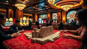 Para pemain menikmati permainan Link Mahjong di suasana kasino yang elegan dengan estetika mewah.