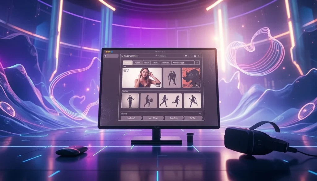 Futuristic NSFW AI image generation interface with ambient lighting and digital landscape.