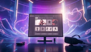 Futuristic NSFW AI image generation interface with ambient lighting and digital landscape.