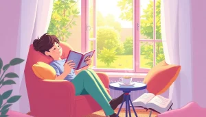 무료웹툰을 즐기는 독자가 아늑한 공간에서 책을 읽고 있는 모습