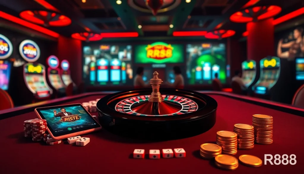 Experience high-stakes action with RR88 casino tables, chips, and roulette ambiance.