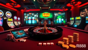 Experience high-stakes action with RR88 casino tables, chips, and roulette ambiance.