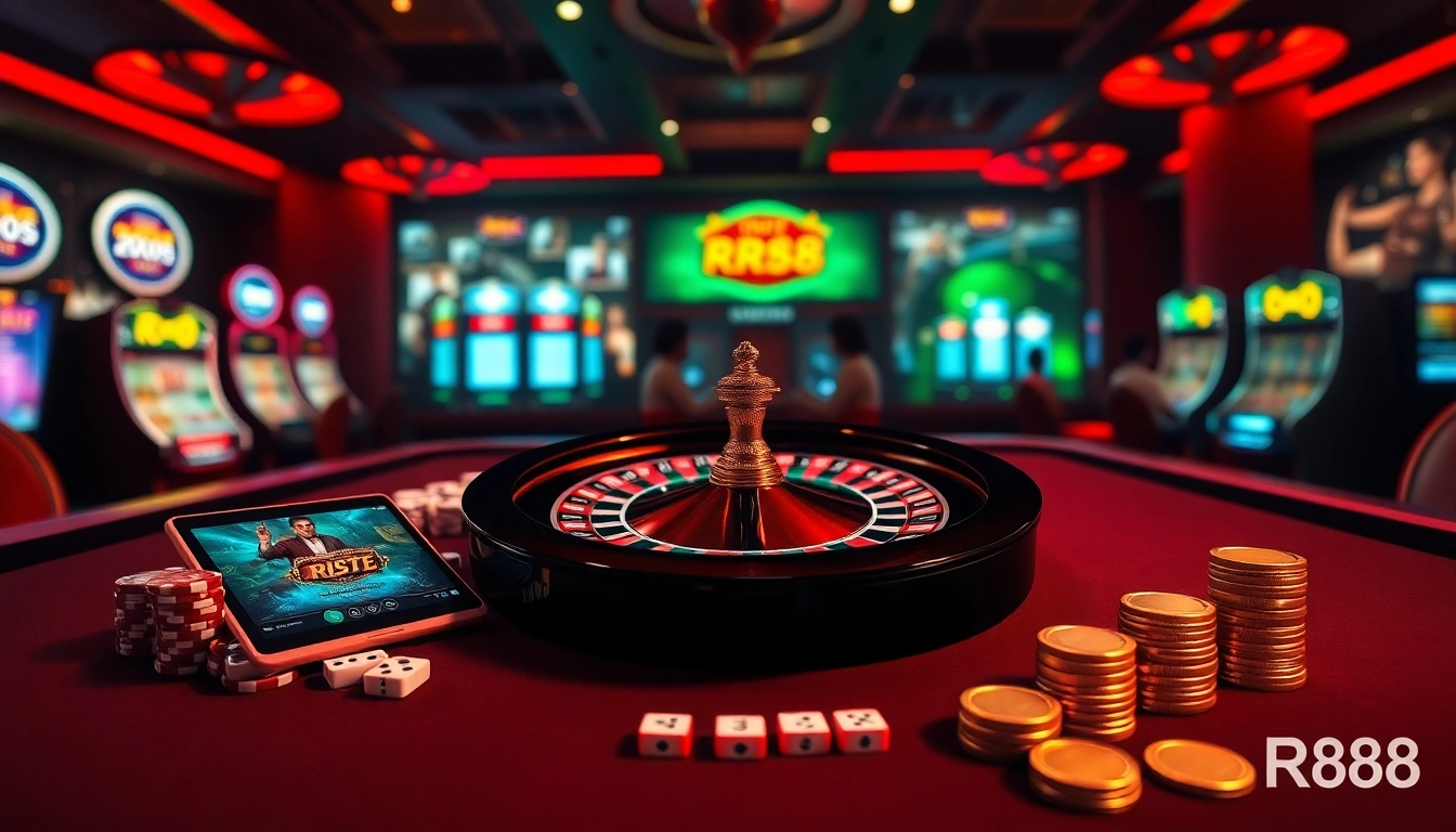 Experience high-stakes action with RR88 casino tables, chips, and roulette ambiance.