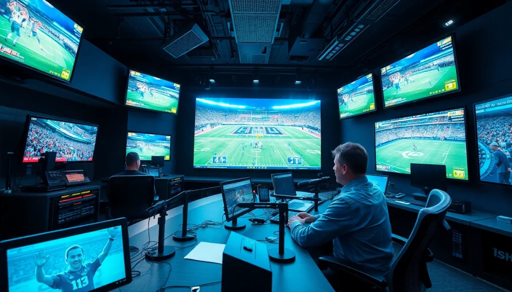 Engaging scene of sports broadcasting with a commentator in a high-tech studio.