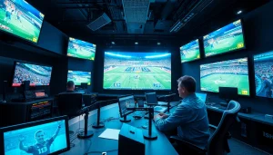 Engaging scene of sports broadcasting with a commentator in a high-tech studio.