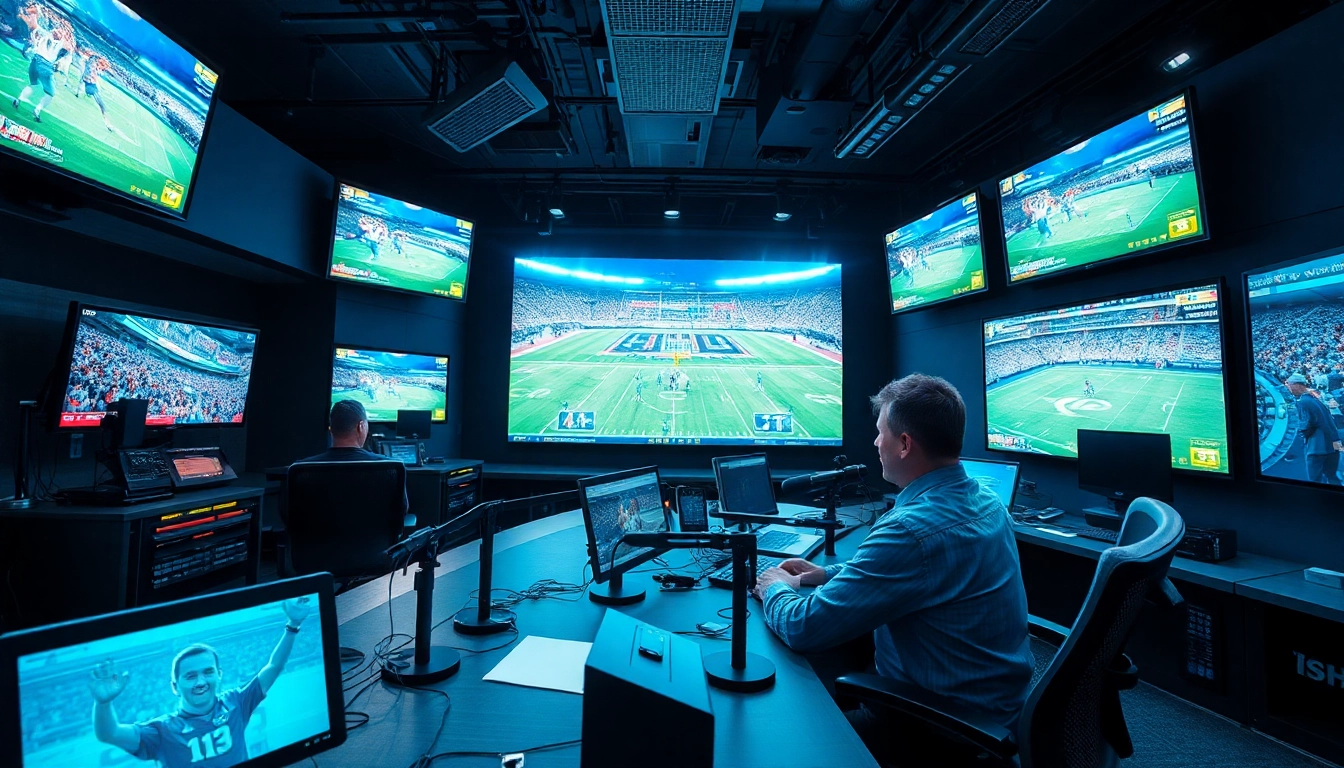 Engaging scene of sports broadcasting with a commentator in a high-tech studio.
