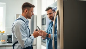 Technician performing refrigerator repair ottawa in a well-lit kitchen setting, ensuring efficient service.