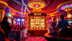 Pemain bersemangat menikmati mesin slot Zeus di kasino yang penuh warna, menangkap sensasi permainan.
