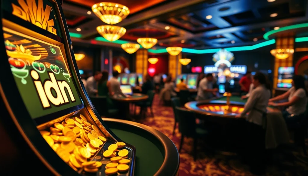 Exciting gameplay at the idn slot casino with vibrant slot machines and enthusiastic players.