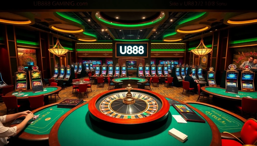 Experience high-stakes gaming at U888 with players at vibrant tables and slot machines.
