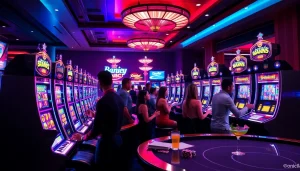 Players enjoying exciting slot games at onicplay in a luxurious casino setting.