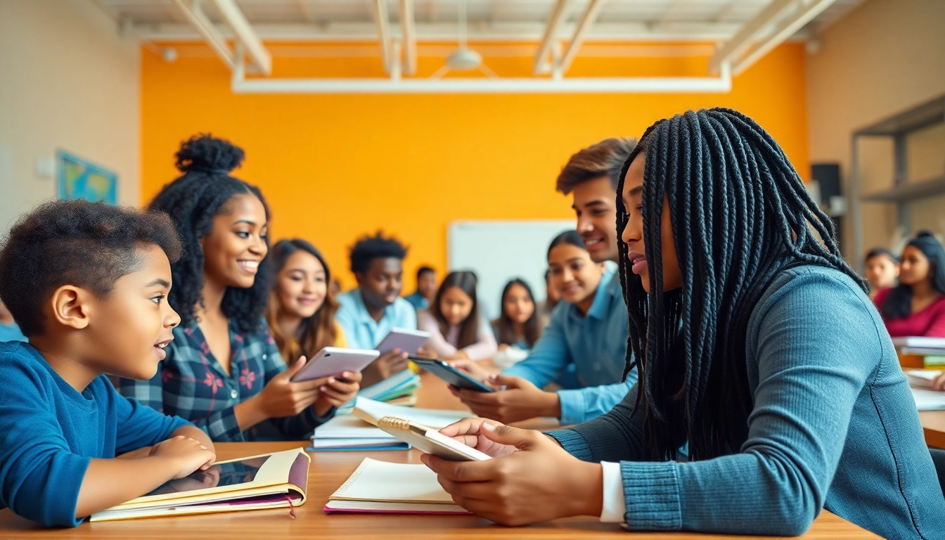 Education-focused classroom showcasing diverse students collaborating with digital tools.