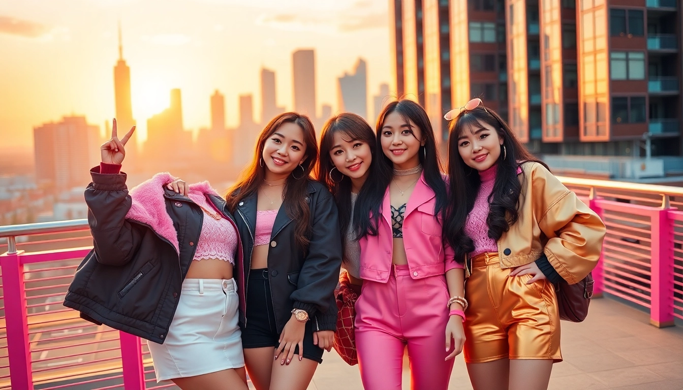 Blackpink members Jisoo, Jennie, Rosé, and Lisa showcasing their styles in a vibrant city setting.