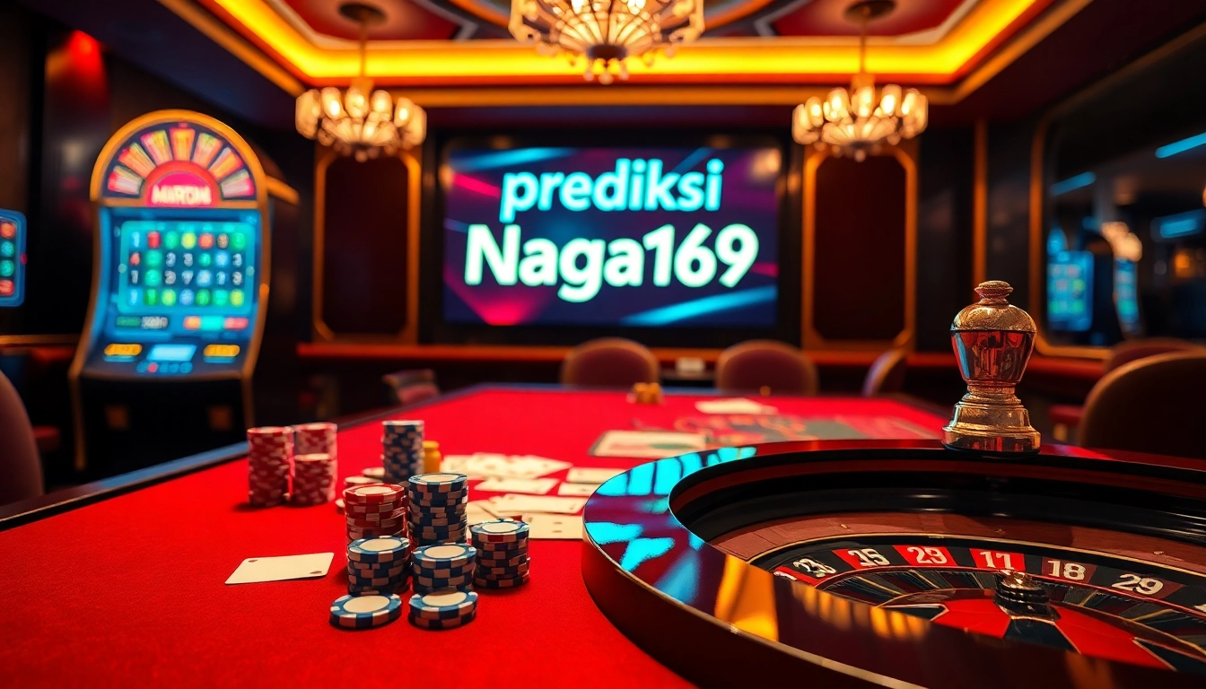 Experience prediksi Naga169 in a vibrant casino scene featuring luxury gaming tables and dynamic slot machines.