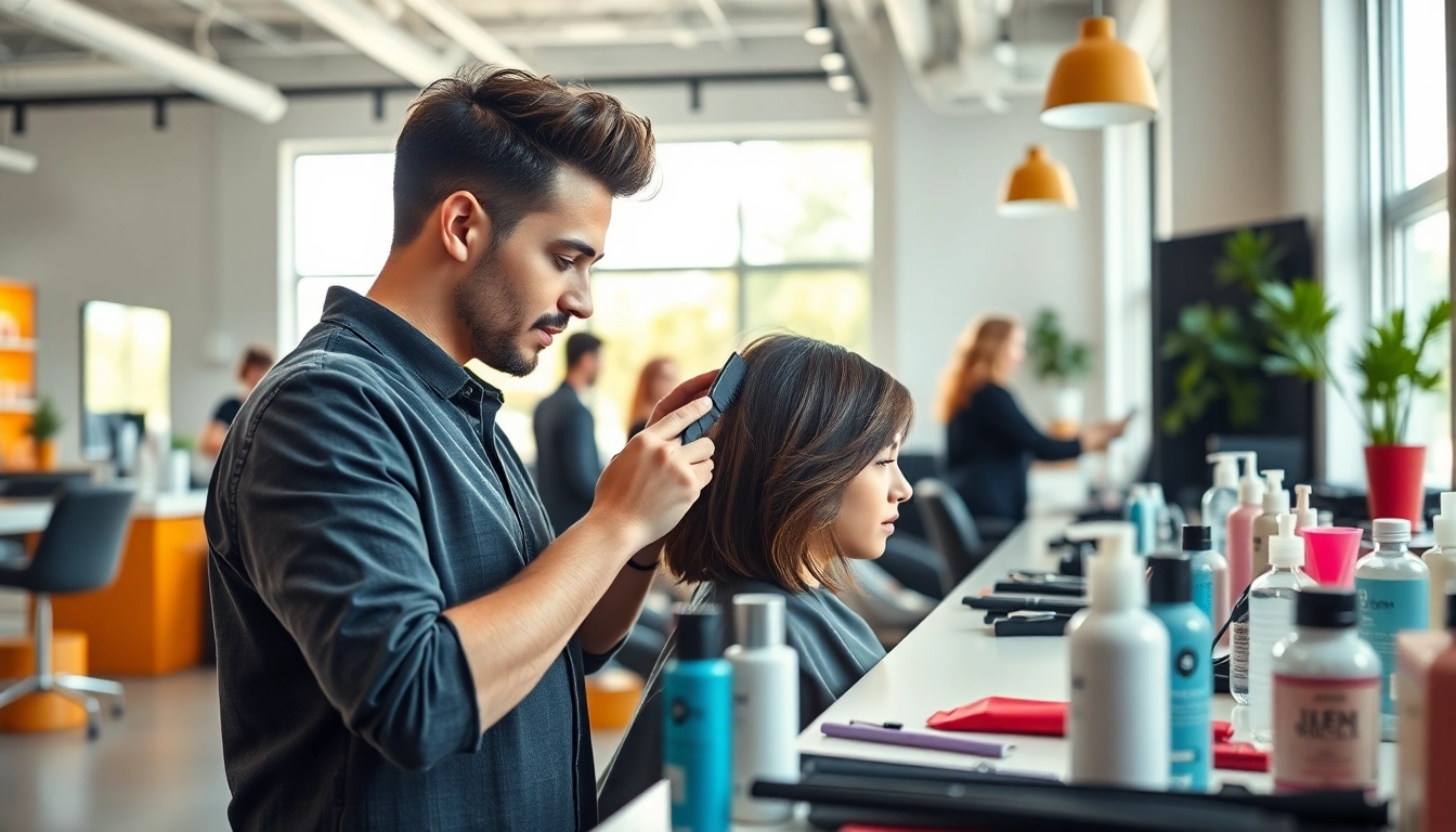 Hair stylist bucuresti offers a professional haircut in a vibrant salon environment.