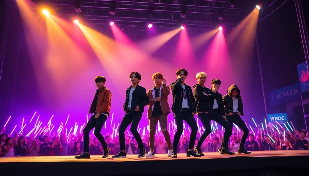 BTS news updates featuring the K-pop group's energetic live performance with colorful lights.