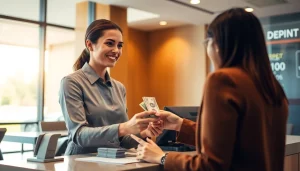 Proses deposit 1k dalam pelayanan di bank, menunjukkan teller yang ramah dan profesional.