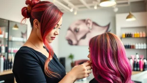 Stilist de păr bucurești aranjând coafura unei cliente în salon modern.