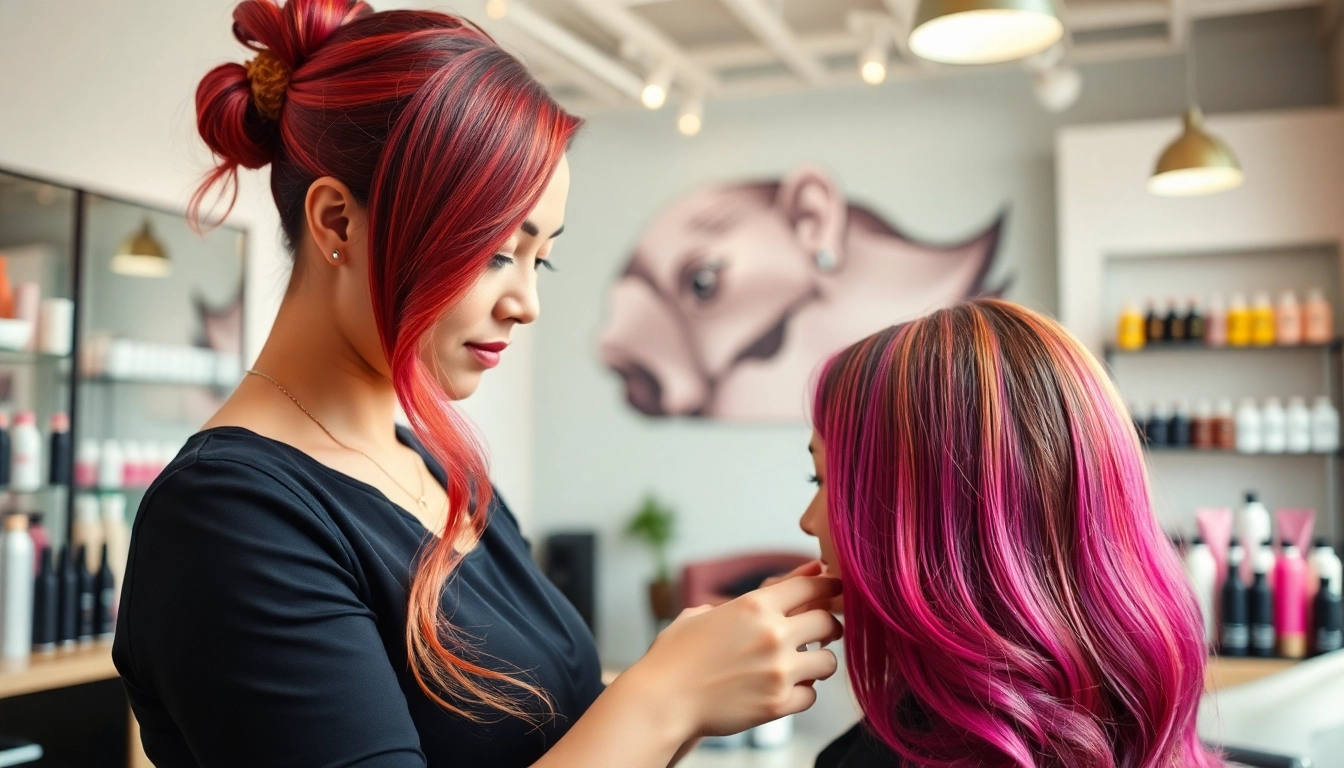 Stilist de păr bucurești aranjând coafura unei cliente în salon modern.