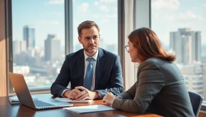 Broward County litigation lawyer consulting a client in an elegant office setting.