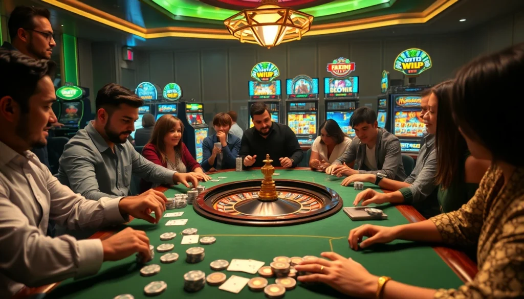 Players enjoying high-stakes poker at a luxurious casino table with RIKVIP branding, showcasing excitement and strategy.