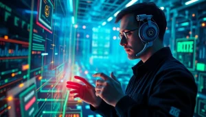 Cybersecurity AI expert monitoring network threats with advanced technology in a high-tech environment.