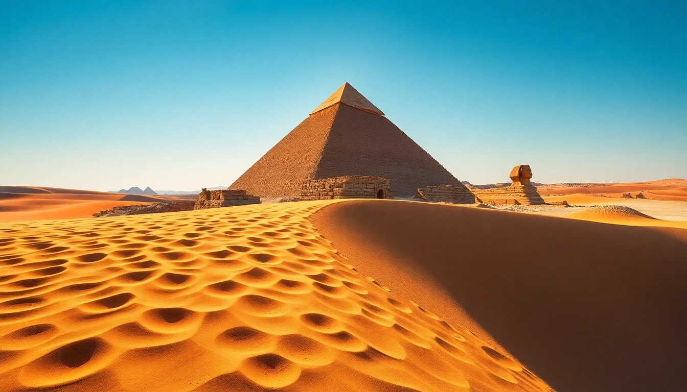 Explore the majestic piraminds of Giza against a clear blue sky with a dramatic desert landscape.