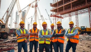 Workers engaged in construction safety programs at a busy site, ensuring compliance and protection.