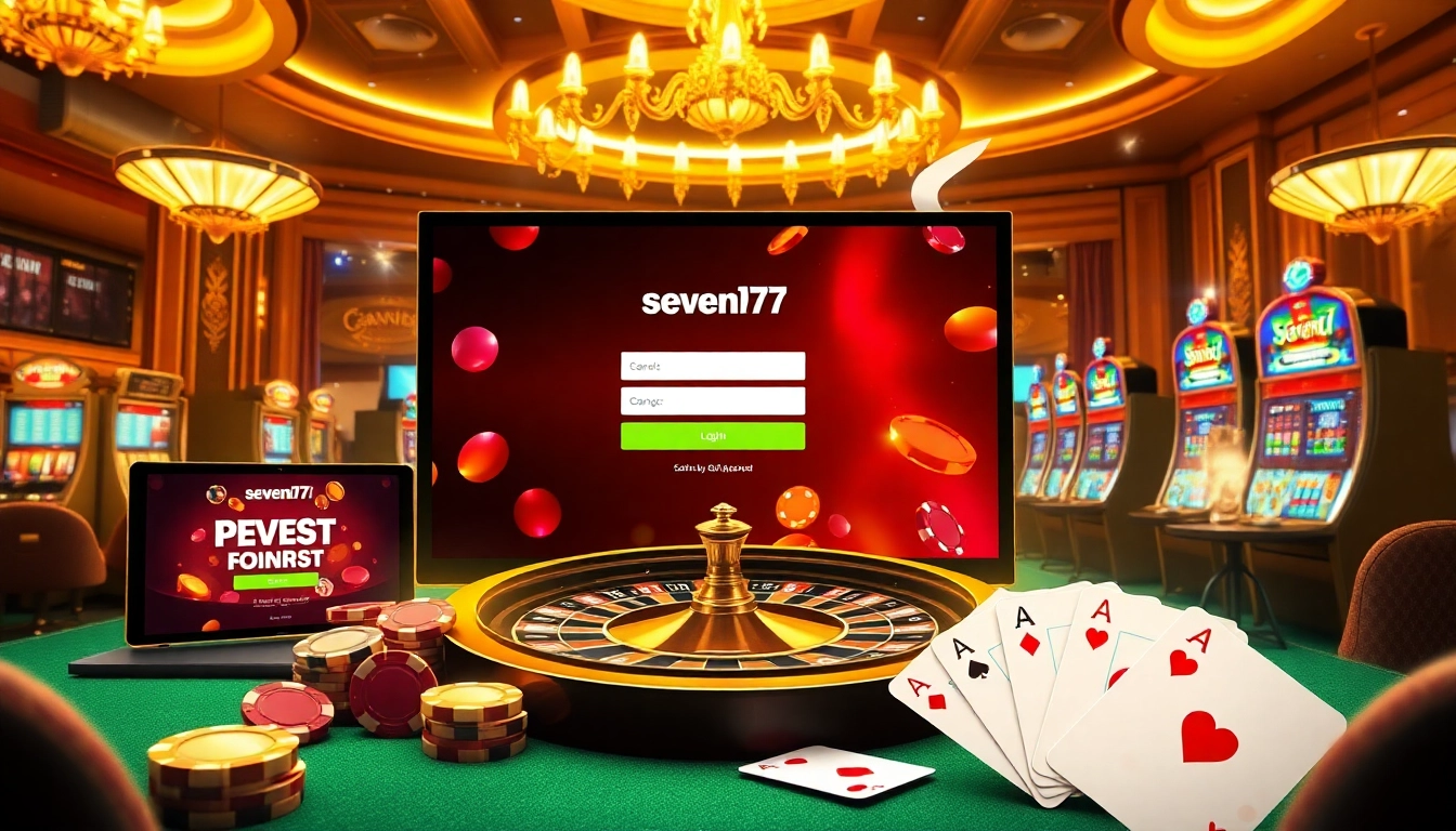 The seven77 login interface prominently featured in a vibrant casino scene, showcasing excitement in online gambling.
