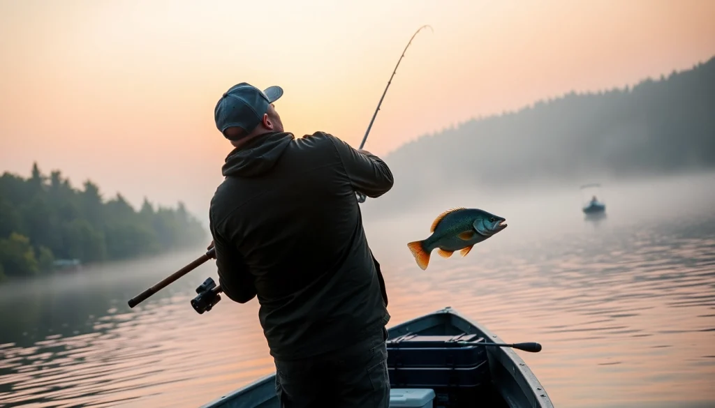 Angler fly fishing for bass at dawn in a tranquil lake surrounded by lush scenery.