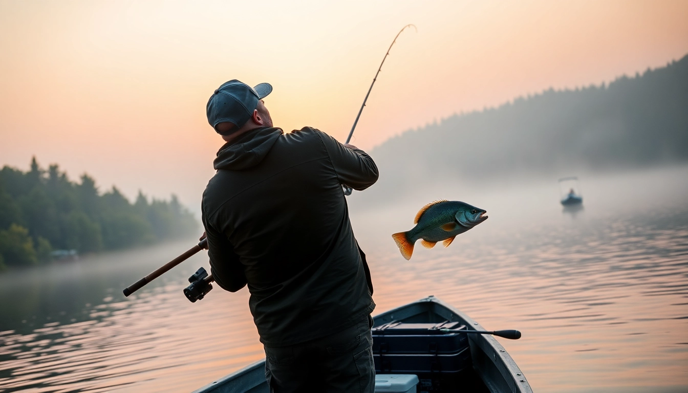 Angler fly fishing for bass at dawn in a tranquil lake surrounded by lush scenery.
