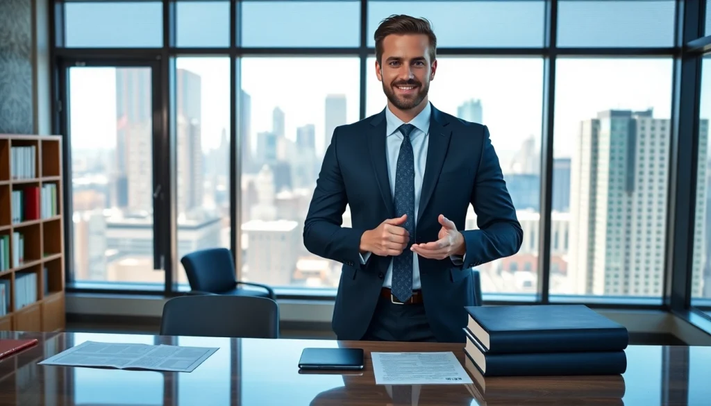 Brooklyn Real Estate Lawyer confidently stands in a modern office, showcasing professionalism and expertise.