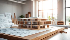 Architekturmodellbau Bielefeld: Detailliertes Architekturmodell in modernem Studio mit kreativen Elementen.