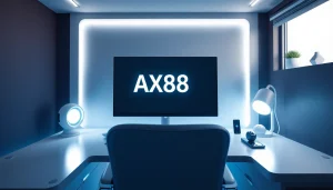 Văn phòng làm việc tại nhà hiện đại trưng bày AX88 Code trên màn hình tinh tế, thể hiện đổi mới công nghệ.