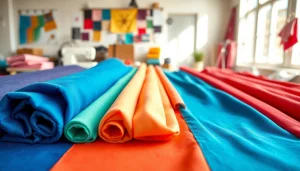 Bekijk hoogwaardige jersey stoffen in een creatieve werkomgeving met kleurrijke rollen.