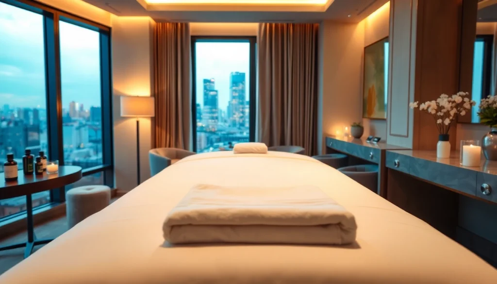 출장 massage setup in an elegant hotel room with calming decor.