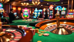 Excited gamblers enjoying a vibrant S8 table with poker chips and roulette wheel.