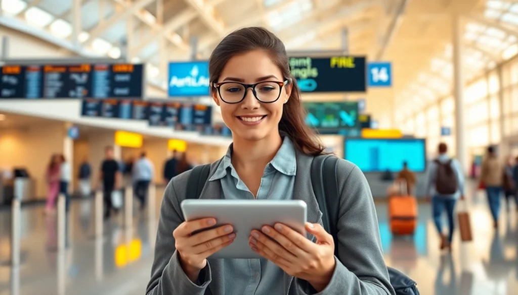 Engaged traveler using the eta application uk at an airport terminal amidst busy travelers.